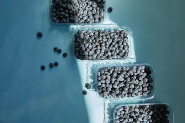 Mavi arka planda bir kutuda taze organik yaban mersinleri yatıyordu. Sert güneş ışığı, üst manzara, kopyalama alanı. Sağlıklı beslenme, antioksidan, vitamin, yaz yemeği kavramı.