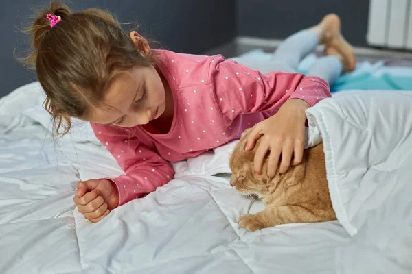 Cute Ginger Cat Little Girl Lying Soft Blanket Bed Child — Stock Photo, Image