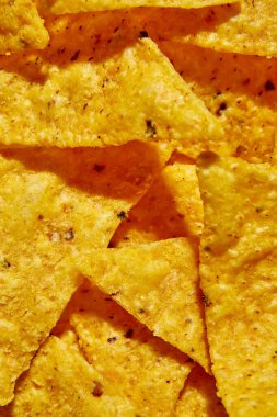 Düz nacho cipsleri, Mısır Tortilla cipsleri veya Nachos 'un Arkaplanı, üst görünüm