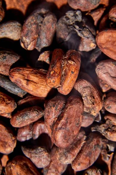 Vlakke Lay Macro Ongepelde Cacaoboon Bovenaanzicht Gehele Kokoszaden Close Textuur — Stockfoto