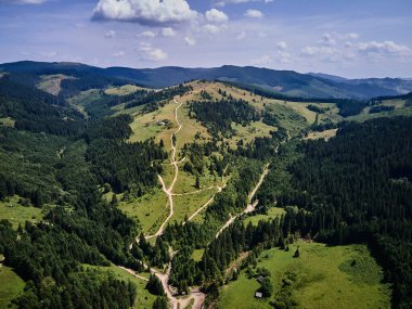 Baharda dağ toprak yolu ve ormanın havadan görünüşü, Karpat dağları, Ukrayna, yeşil çimenler ve ağaçlarla kaplı tepeli renkli manzara, doğa arka planı.
