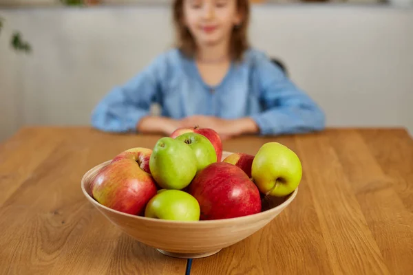 Little Happy Girl Hold Bowl Fruits Kitchen Home Healthy Child — Stock Photo, Image
