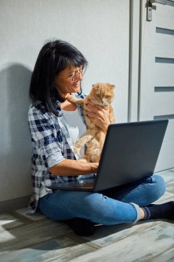 Veterinerlik danışmanlığı için kedi kaydetmek için dizüstü bilgisayarında veteriner arayan olgun bir kadın dizüstü bilgisayarda evde oturmuş, evde çalışıyor..
