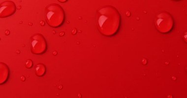Kırmızı arkaplanda soyut su damlaları, makro, baloncuklar yaklaşın, kozmetik sıvı damlaları, düz döşeme deseni.
