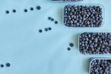 Mavi arka planda bir kutuda taze organik, sulu yabanmersini yatağı, üst manzara, kopyalama alanı. Sağlıklı beslenme, antioksidan, vitamin, yaz yemeği kavramı.