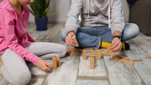 Father Happy Daughter Play Wooden Blocks Friendship Learn Playing Activity — Stock Video
