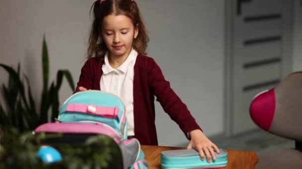 Schoolgirl Put Books Notes Backpack Home Pupil Prepare Staff Education — Stock Video