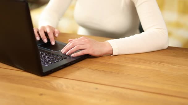 在笔记本电脑上密切搜索女性的手 上网工作的女性 查看邮件 社交网络 使用电脑应用程序 慢动作 — 图库视频影像