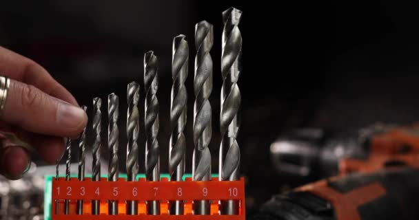 Close Metal Drill Bit Set Man Take One Work Workshop — Stock Video