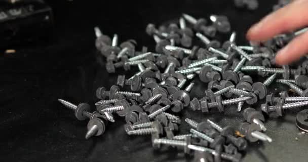 Man Hands Take Handful Roofing Self Tapping Screws Choice Fasteners — Stock Video