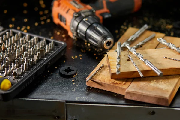 Close Metal Drill Bit Set Workshop Carpenter Chooses Drill Drilling —  Fotos de Stock