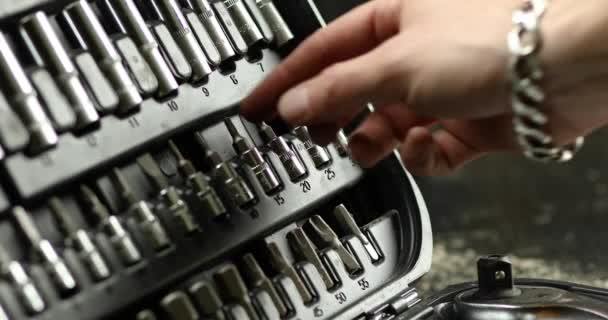 Man Hand Take Working Tools Set Box Different Types Metal — Stock Video