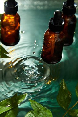 Bitkisel serum, petrol kozmetik reklamı, basit ve doğal cilt bakımı, su dalgalanması ve yeşil yaprak ile hazırlanan ürün.