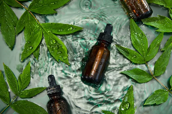 Top View Bottle Herbal Serum Oil Cosmetic Simple Natural Skincare — Stock Photo, Image