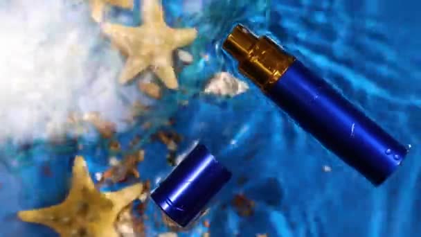 Flat Lay Perfume Bottle Water Background Starfish Sea Ocean Shells — Stock Video