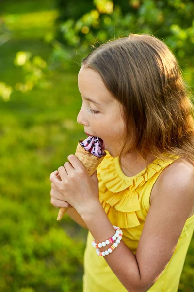 夏の日に公園で休んでいる間にイタリアのアイスクリームコーンの笑顔を食べるブレースを持つ幸せな女の子 子供はアイスクリーム屋外 幸せな休日 夏を楽しんでいます — ストック写真