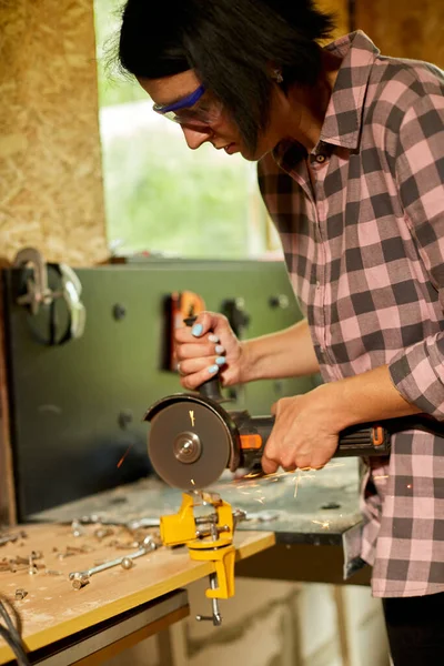 Woman Locksmith Works Grinder Machine Fly Bright Sparks Female Hand — Stock Photo, Image