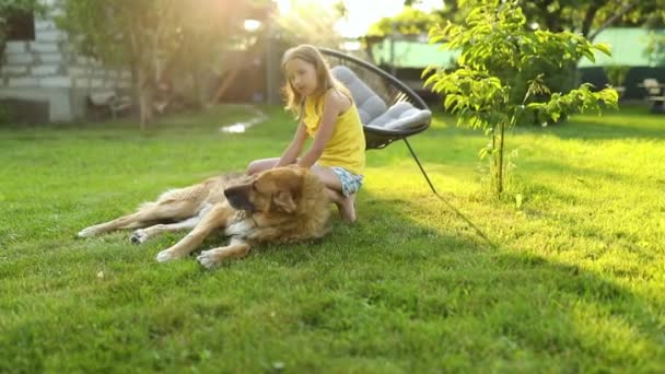 Søt Jente Gammel Hund Nyter Sommerdagen Gresset Parken Barn Dyr – stockvideo