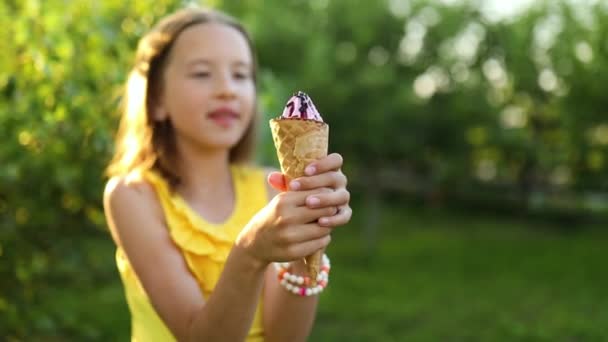 Cute Girl Braces Eating Italian Ice Cream Cone Smiling While — Stockvideo