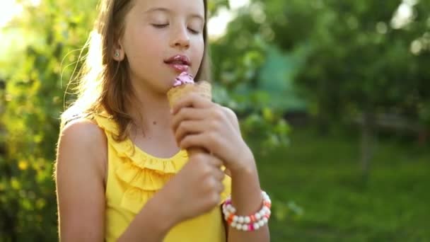 Cute Girl Braces Eating Italian Ice Cream Cone Smiling While — Stock Video