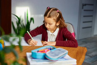 Odaklanmış liseli kız, masa başında oturup ev ödevi yapıyor, evde eğitim görüyor. Uzak öğrenim gören küçük bir kız çocuğu uzaktan eğitim alıyor ve sınavlara hazırlanıyor..