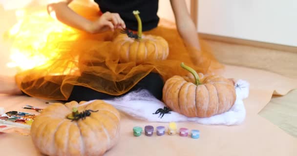 Child Play Spider Decorating Pumpkin Home Little Girl Drawing Face — Vídeo de stock