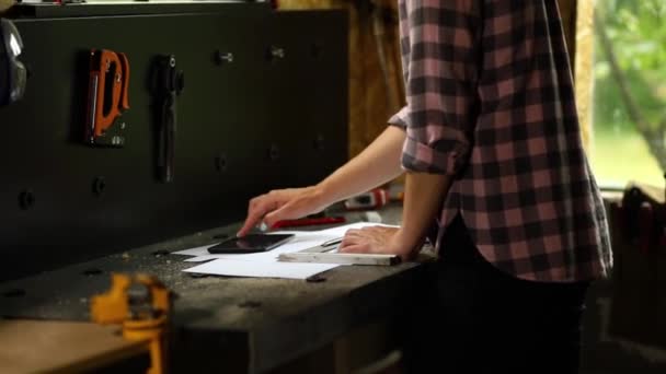 Female Business Owner Using Digital Tablet Workshop Industrial Woman Engineer — Vídeo de Stock