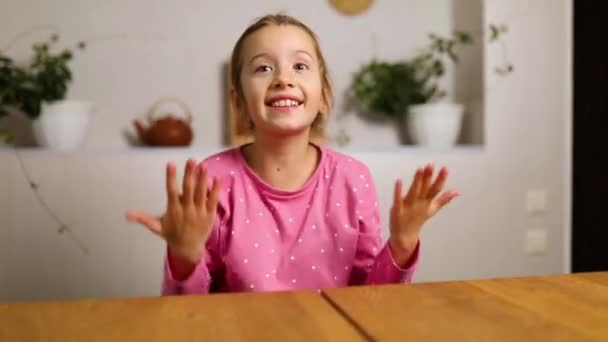 Emotional School Girl Vlogger Speaking Video Call Blog Talking Webcam — Vídeos de Stock