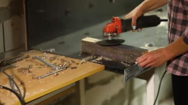Close Worker Woman Hand Grinds Sanding Wood Workshop Restoring Antique — Stock Video