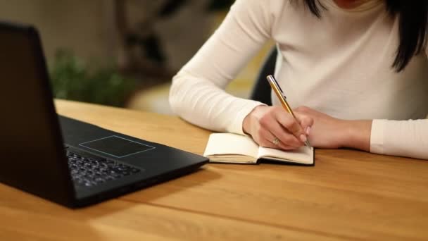 Frau Macht Notizen Notizblock Unternehmerin Freie Redakteurin Die Laptop Arbeitet — Stockvideo