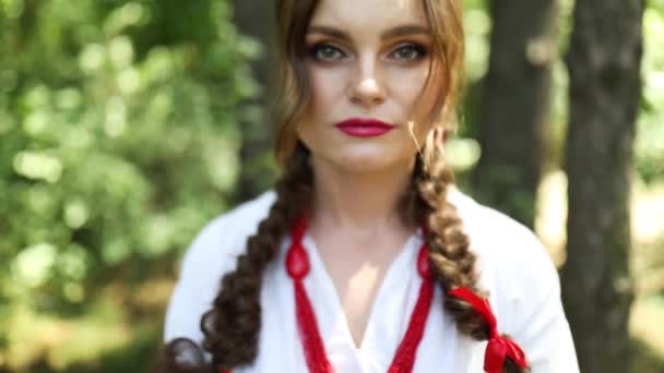 Ukraynalı Kadın Ormanda Nakışlı Elbiseler Içinde Sepetin Içinde Otlar Topluyor — Stok video