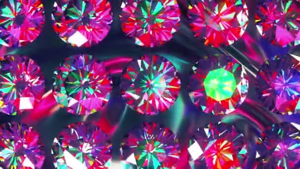 Sparkling iridescent diamonds of fancy round cut style, slowly rotating. Computer generated 3d render. Beautiful background — Stock Video