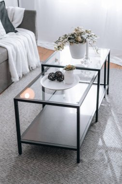 Oturma odasındaki kanepenin yanındaki metal sehpada bitkiler ve mumlar var. dikey.