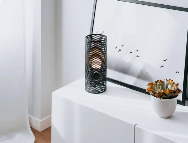 Arkasında minimalist bir resim olan beyaz ahşap bir dolapta duran ampullü siyah dağıtım lambası.