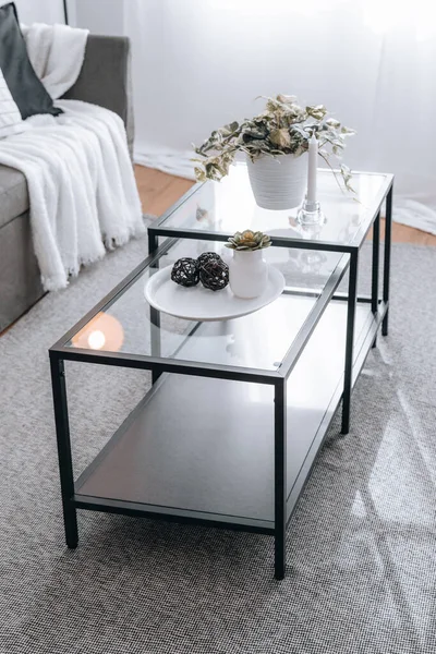 Oturma odasındaki kanepenin yanındaki metal sehpada bitkiler ve mumlar var. dikey.