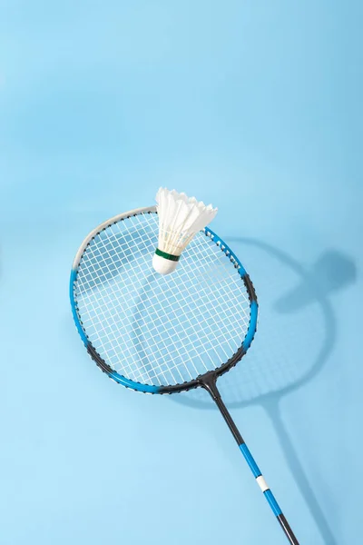 Blue Black Racket Hitting Badminton Feather Bright Light Blue Background — Foto de Stock