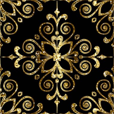 Altın yaldızlı çiçek desenli. Süslü vektör arka planı. Arka planı tekrar et. Antika Barok Şam süslemeleri. Altın parıldar çiçekler, yapraklar, şekiller, ışıltılar. Lüks dekoratif tasarım.