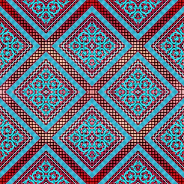 花のシームレスなパターン ハーフトーンの四角形のベクトル背景 幾何学的な部族の民族スタイルを繰り返し背景 ダマスクの飾り 菱形のフレームにヴィンテージの花 半音の無限のテクスチャ オーナーデザイン — ストックベクタ