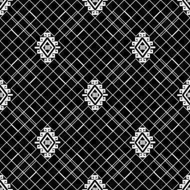 Şebeke kusursuz desen. Dekoratif siyah beyaz arka plan. Geleneksel kabile tarzı arka planı tekrarla. Çizgili kafes süsü, Yunanca anahtar, dolambaçlı, eşkenar dörtgen. Zarif basit tasarım