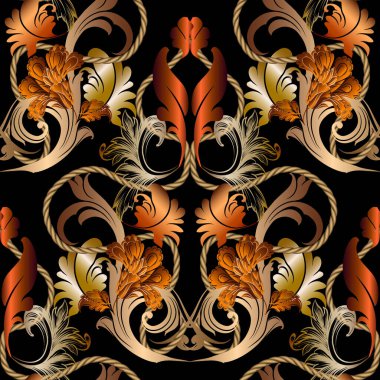 Altın barok eski tarz 3D pürüzsüz desen. Süslü vektör arka planı. Renkli arkaplanı tekrarla. Antika, güzel süsler. Altın çiçekler, yapraklar, ipler. Lüks dekore edilmiş kraliyet tasarımı.