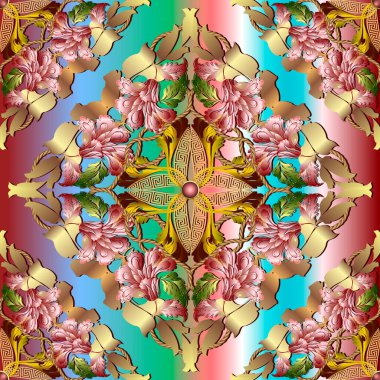 Altın rengi Barok eski tarz takı pürüzsüz desen. Renkli gradyan vektör arkaplanı. Arka planı tekrar et. Eski süsler. Altın çiçekler, yapraklar, 3D düğmeler, ipler, Yunan parkurları. Lüks tasarım.