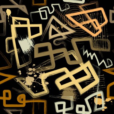 Kalıplı grunge pürüzsüz desen. Modern kaba, renkli arka plan. Vektör arkaplanını tekrarla. El çizimi Yunan tarzı semboller, işaretler, sıçramalar, fırça darbeleri, spiral. Soyut süs. Sonsuz doku.