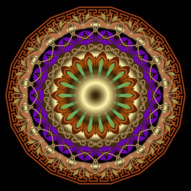 Çiçekli mandala deseni. Süslü vektör arka planı. Etnik kabile tarzı arka plan. Eski süsler. Klasik çiçekler, yapraklar, ipler, çerçeveler, sınırlar, çizgiler, daireler. Yunan anahtarı, avare.