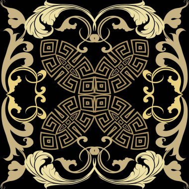 Barok kare, altın pürüzsüz deseni çerçeveler. Süslü arka plan. Lüks arka planı tekrar edin. Klasik Barok tarzı çiçek süslemeleri. Yunan anahtarı, avare. Altın çiçekler, yapraklar, şekiller, sınırlar. Döşeme.