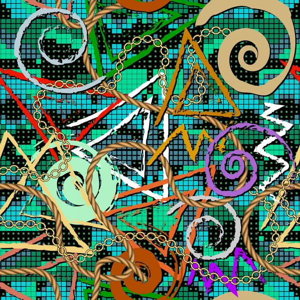 Texturierte Graffiti Nahtlose Muster Quadrate Mosaik Hintergrund Schmutzige Gitter Bunte — Stockvektor