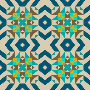 Geometrik dikişsiz desen. Vektör kabile tarzı zigzag arka planı. Geometrik arkaplanı tekrar et. Zig zag, geometrik şekiller, üçgenler, kareler, eşkenar dörtgenler içeren renkli modern soyut süsler.