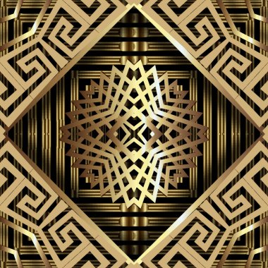 3D altın pürüzsüz desen. Vektör süsleme altın arka plan. Çizgili arka planı tekrar et. Yunan tarzı süsler. Soyut modern tasarım. Yunanca anahtar, gezginler, çizgiler, şekiller, fraktal, mandala, eşkenar dörtgen.