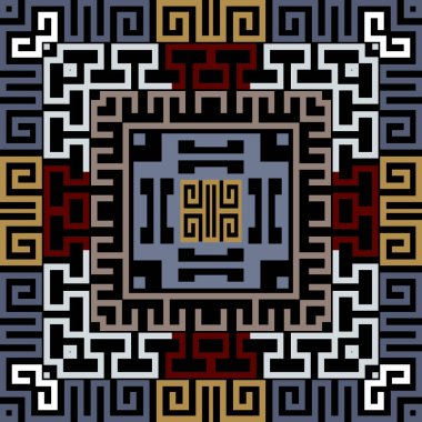 Renkli, etnik, pürüzsüz bir model. Vektör modern arka plan. Yunan anahtarı, avare. Kare çerçeveler, sınırlar, semboller, çizgiler, labirentler. Soyut geometrik geleneksel süsler. Sonsuz doku.