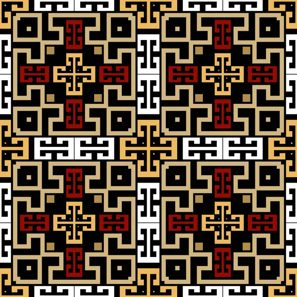 カラフルな部族の民族シームレスなパターン ベクトルはタータンの背景を再生します ギリシャ語の鍵だ 正方形のフレーム 抽象幾何学的な伝統的な装飾 無限のテクスチャ — ストックベクタ