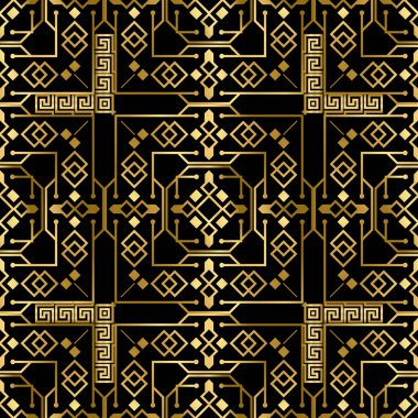 Altın geometrik çizgiler kusursuz desen. Süslü modern vektör arka planı. Deco arkaplanını tekrar et. Geometrik şekiller, çizgiler, kareler ve eşkenar dörtgenler içeren kabile etnik Yunan tarzı süsler. Yunan gezginleri.